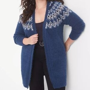 Lane Bryant Blue Fair Isle Open Cardigan with White Accent